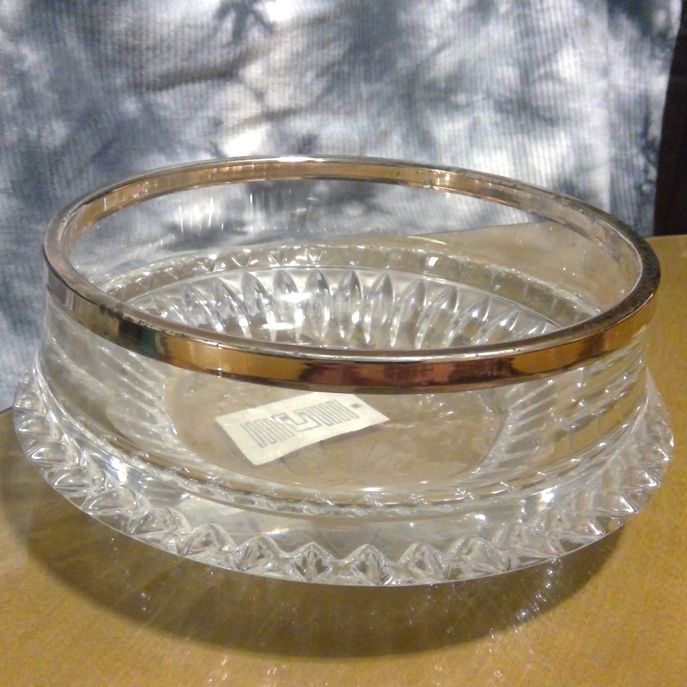 Vintage crystal serving bowl with metal rim - starburst bubble design